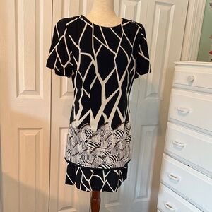 Vintage EXPO Petite Black and Beige Animal Print Midi Dress Size 6P